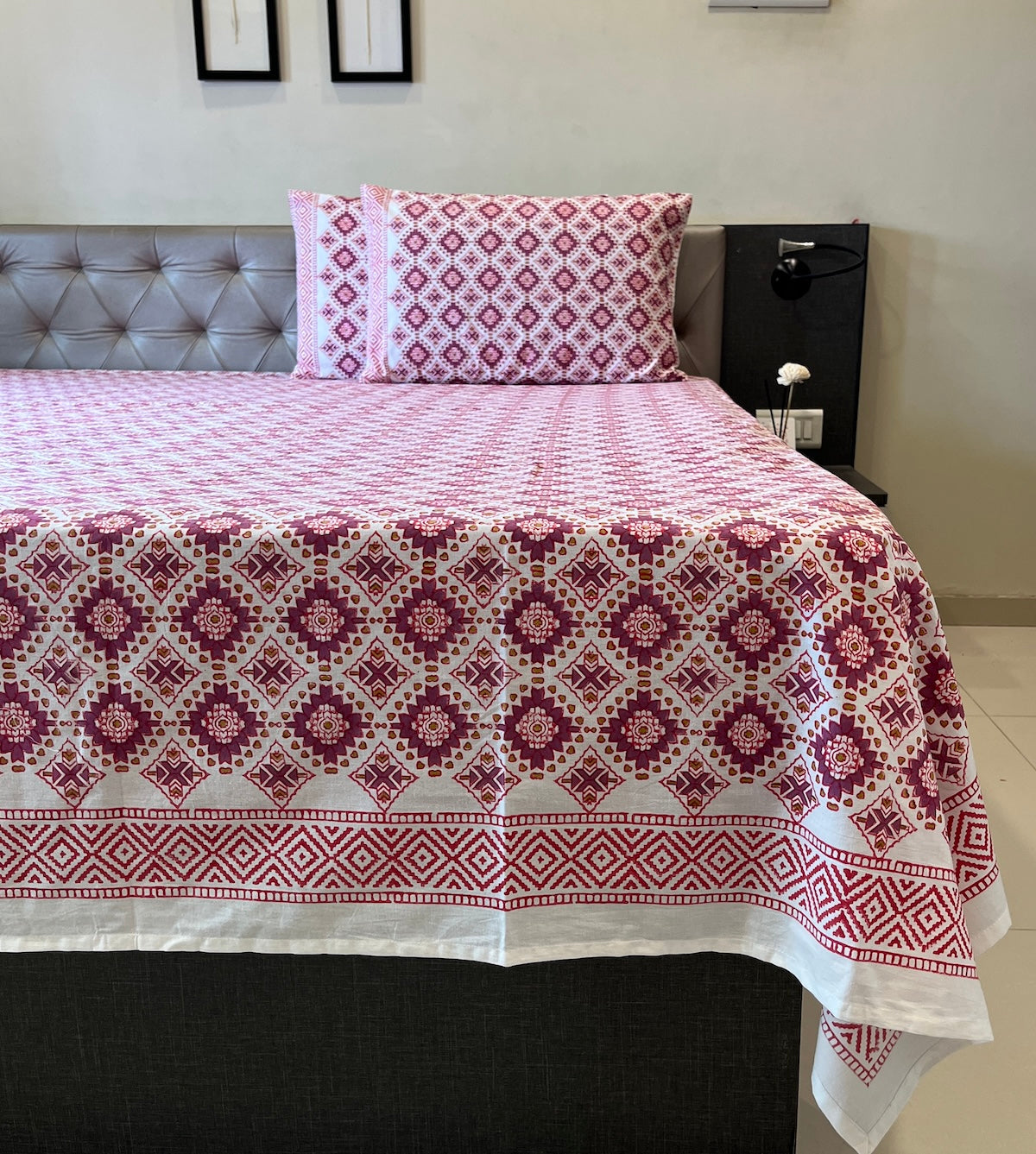 Hand Block Printed Prism Wine Cotton Bedsheet King Size-90"x108"