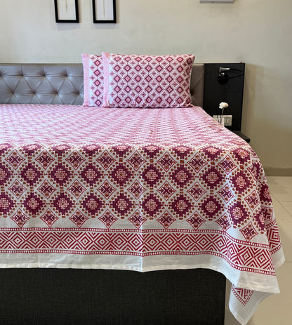 Hand Block Printed Prism Wine Cotton Bedsheet King Size-90"x108"