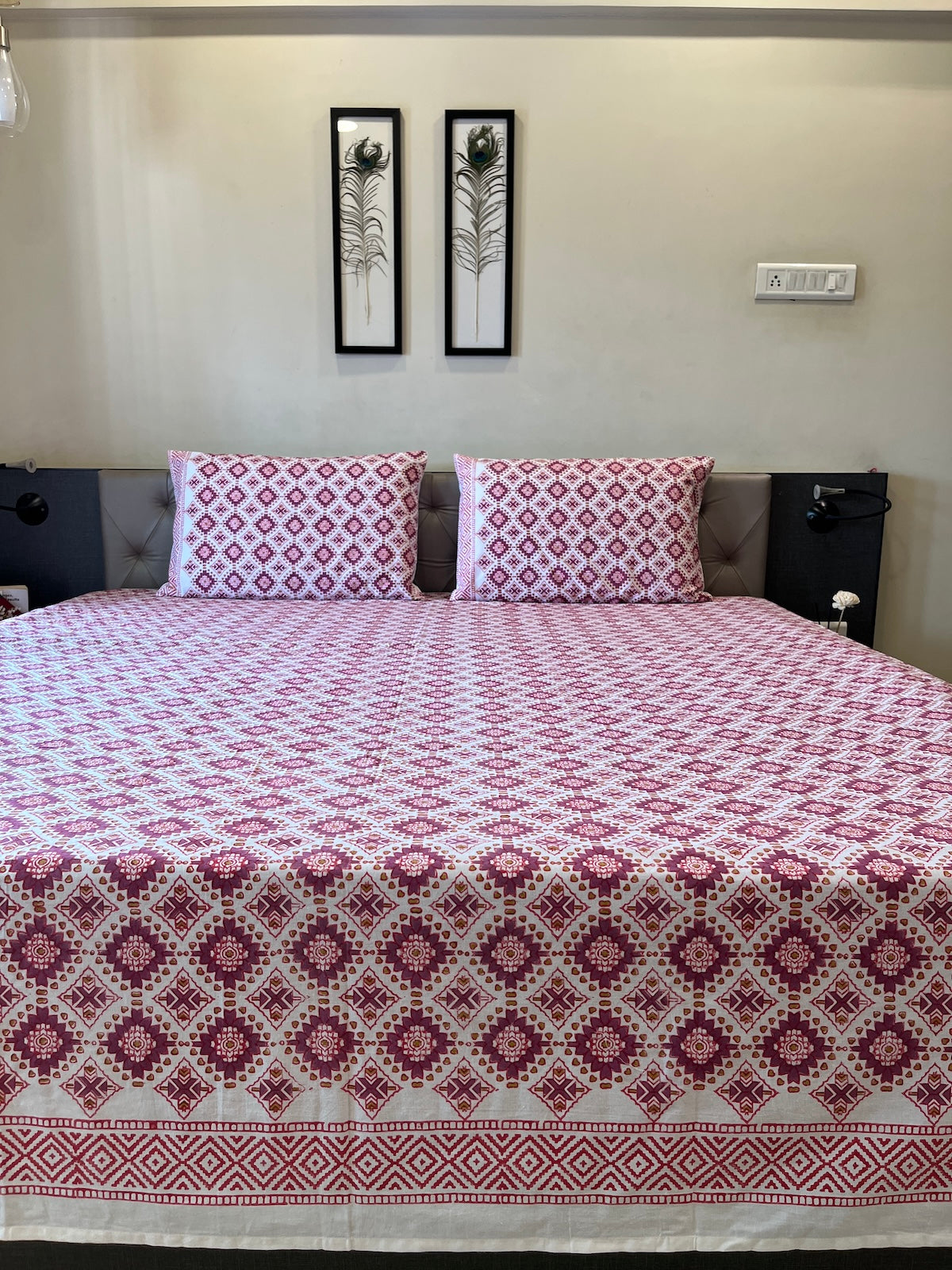 Hand Block Printed Prism Wine Cotton Bedsheet King Size-90"x108"
