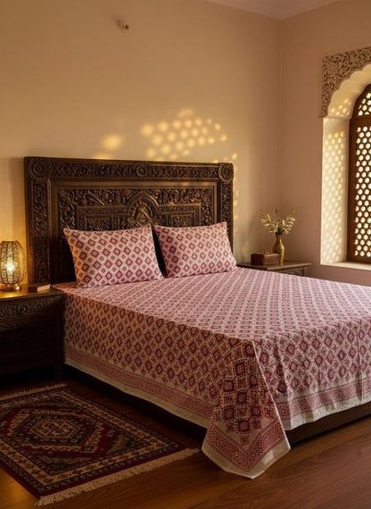 Hand Block Printed Prism Wine Cotton Bedsheet King Size-90"x108"