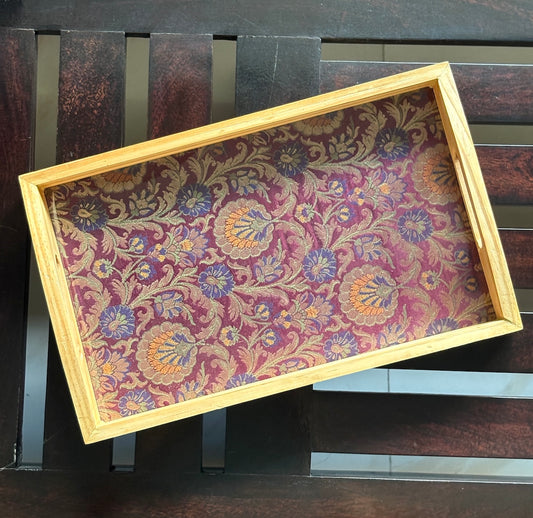Handcrafted Traditional Festive Rajwada Resham Brocade Upcycled Fabric Wooden Rectangular Tray – 14" x 8.5"