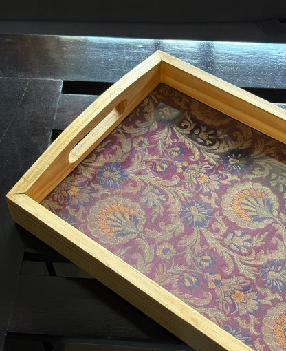 Rajwada Resham  Purple-Wine Banarasi Brocade & Dupion Silk Table Runner & Matching Tray Combo Set