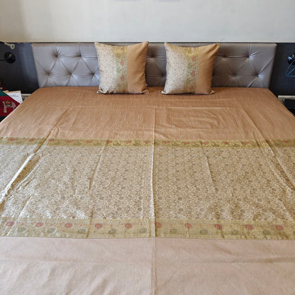 Regal Gold Tanchui Beige Banarasi Brocade Bedcover & Cushion Cover Set