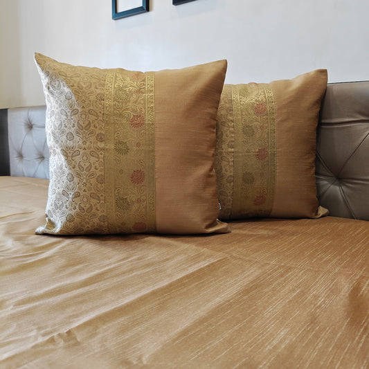 Regal Gold Tanchui Beige Banarasi Brocade Bedcover & Cushion Cover Set