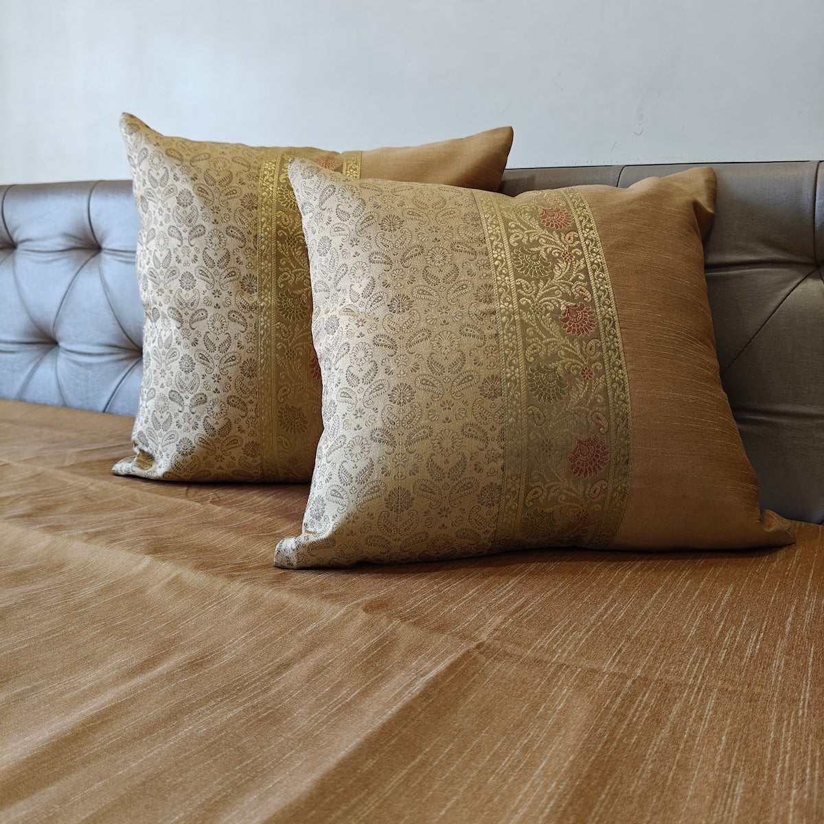 Regal Gold Tanchui Beige Banarasi Brocade Bedcover & Cushion Cover Set