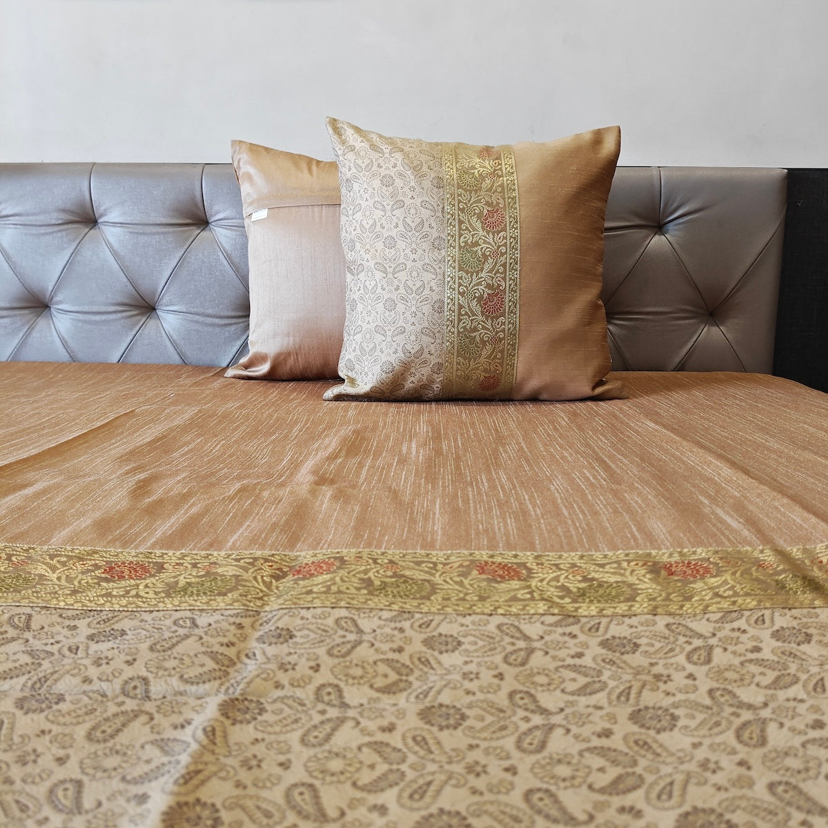 Regal Gold Tanchui Beige Banarasi Brocade Bedcover & Cushion Cover Set