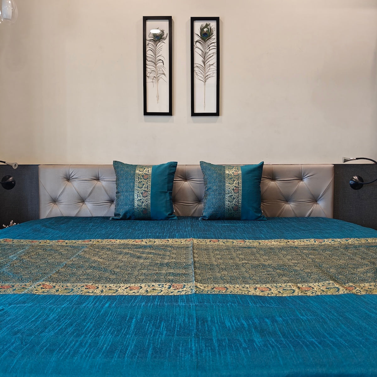 Regal Gold Tanchui Blue Banarasi Brocade Bedcover & Cushion Cover Set