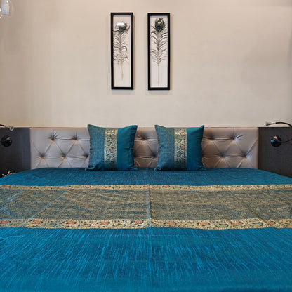 Regal Gold Tanchui Blue Banarasi Brocade Bedcover & Cushion Cover Set