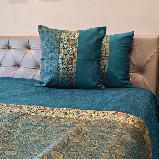 Regal Gold Tanchui Blue Banarasi Brocade Bedcover & Cushion Cover Set