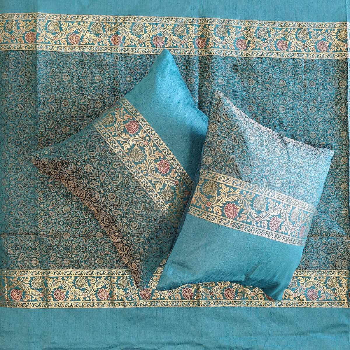 Regal Gold Tanchui Blue Banarasi Brocade Bedcover & Cushion Cover Set