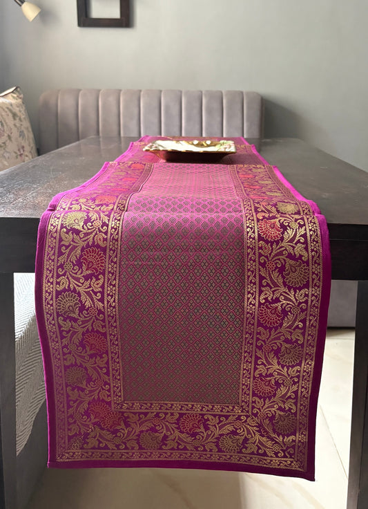 Royal Zari Traditional  Festive Brocade Purple Table Runner 14"x60"