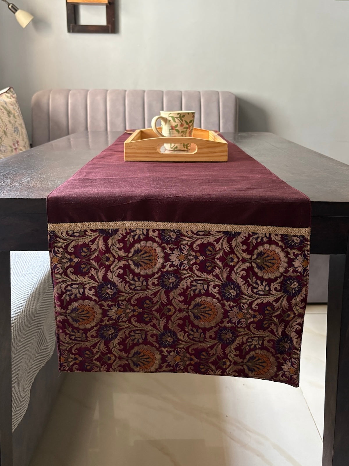 Rajwada Resham  Purple-Wine Banarasi Brocade & Dupion Silk Table Runner & Matching Tray Combo Set