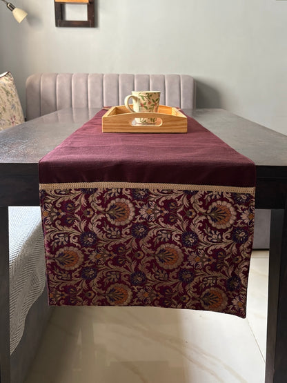 Rajwada Resham  Purple-Wine Banarasi Brocade & Dupion Silk Table Runner & Matching Tray Combo Set