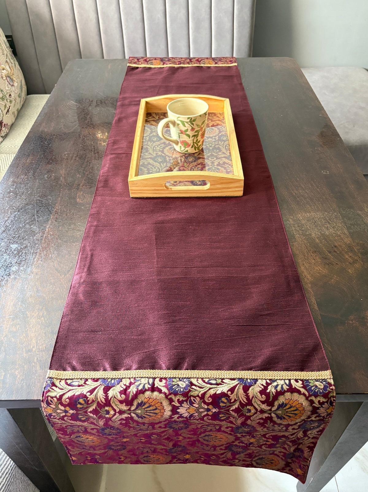 Rajwada Resham  Purple-Wine Banarasi Brocade & Dupion Silk Table Runner & Matching Tray Combo Set