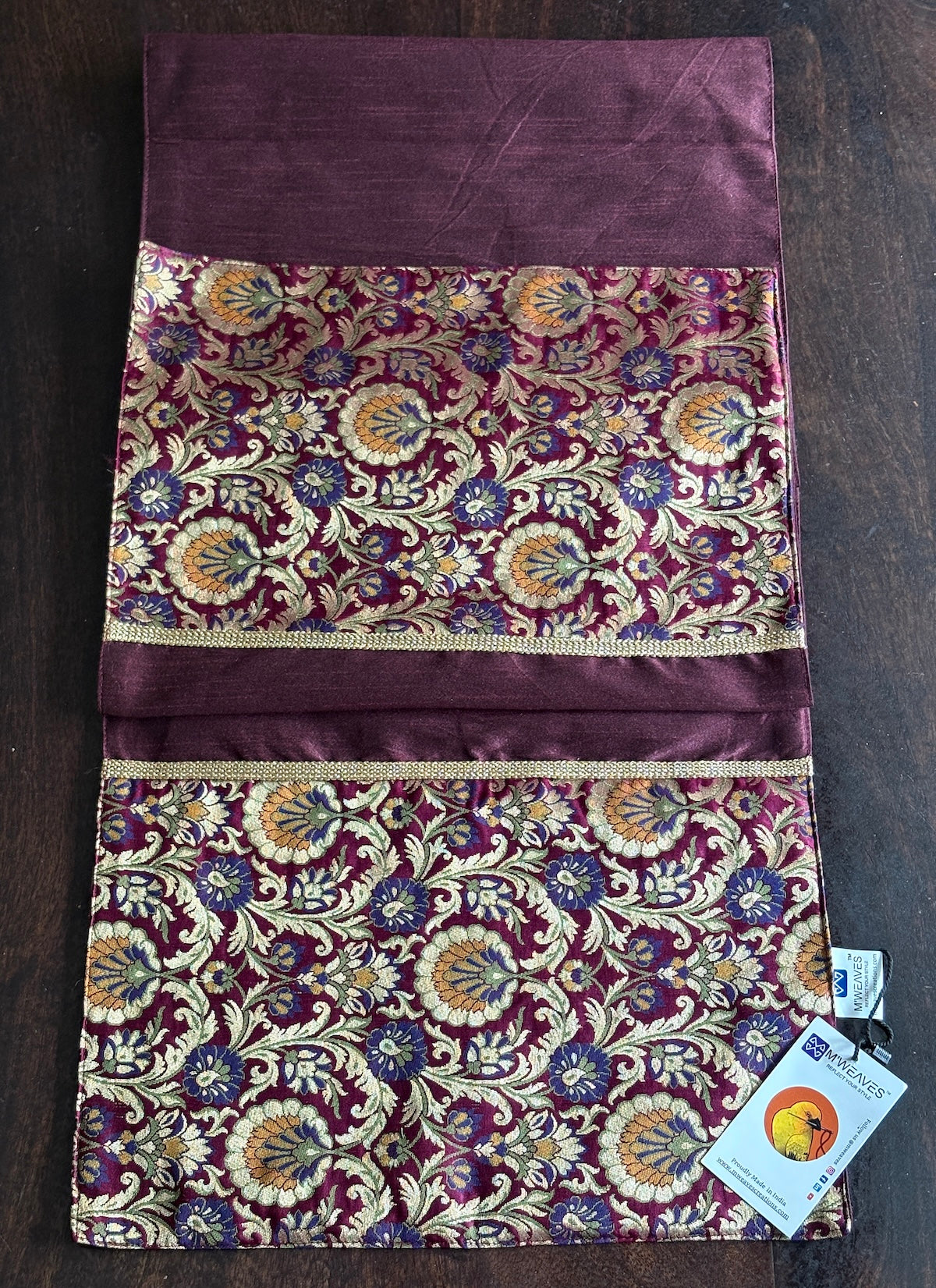 Rajwada Resham  Purple-Wine Banarasi Brocade & Dupion Silk Table Runner & Matching Tray Combo Set