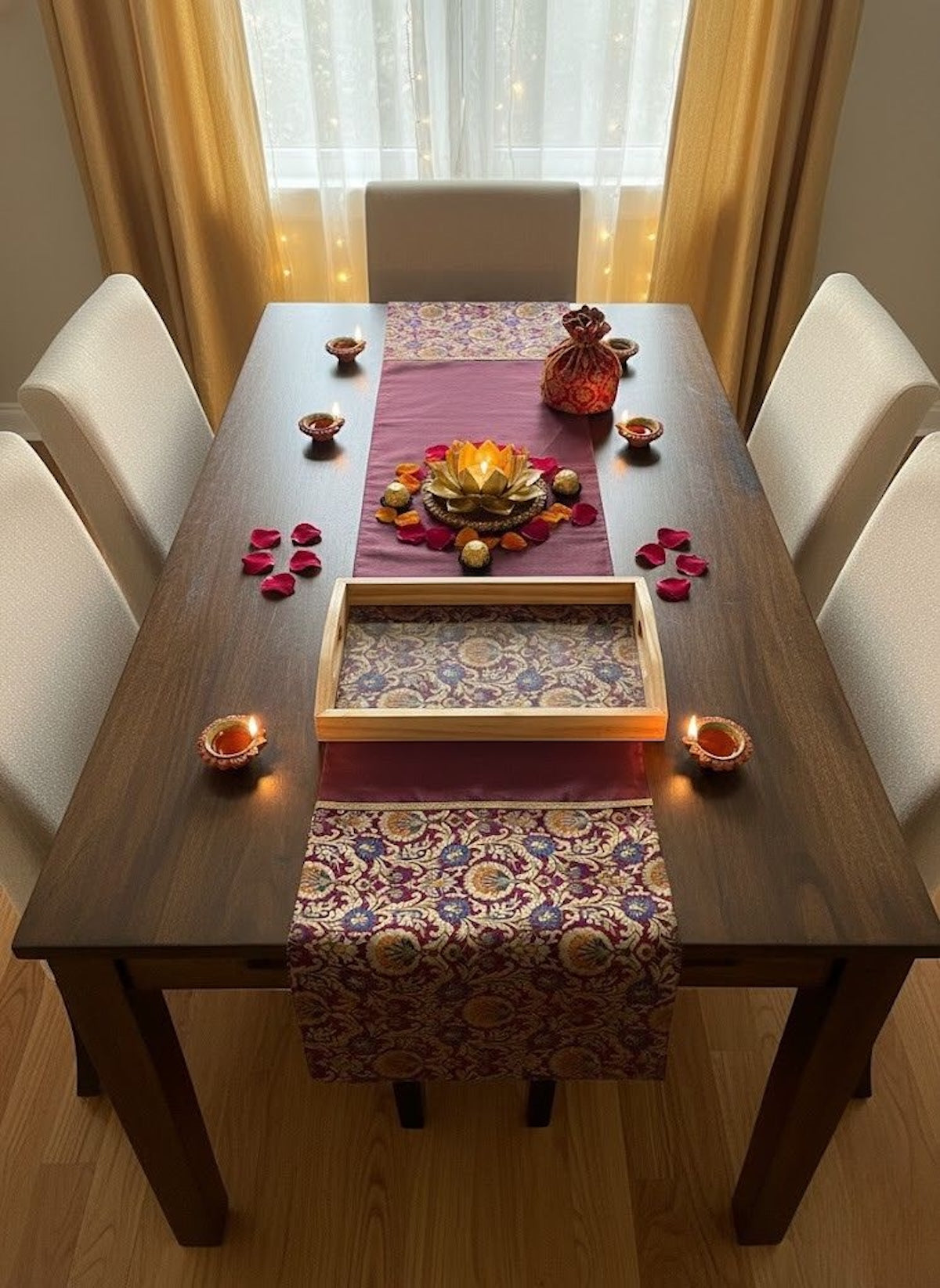 Rajwada Resham  Purple-Wine Banarasi Brocade & Dupion Silk Table Runner & Matching Tray Combo Set