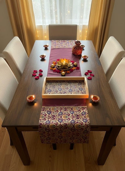 Rajwada Resham  Purple-Wine Banarasi Brocade & Dupion Silk Table Runner & Matching Tray Combo Set
