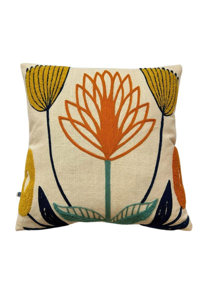 Hand Embroidery Spring Halo Cream Cotton Slub Cushion Cover Size 16"x16"