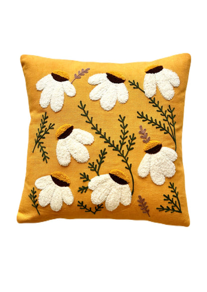 Hand Embroidery Sunshine Aster Mustard Cotton Cushion Cover Size 16"x16" Set of 2
