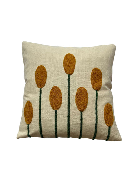 Hand Embroidery Sunbeam Bloom Cream Cotton Slub Cushion Cover Size 16"x16"