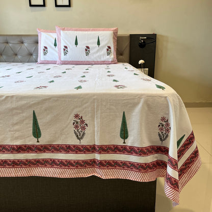 Hand Block Printed Vanira White Cotton Bedsheet King Size-90"x108"