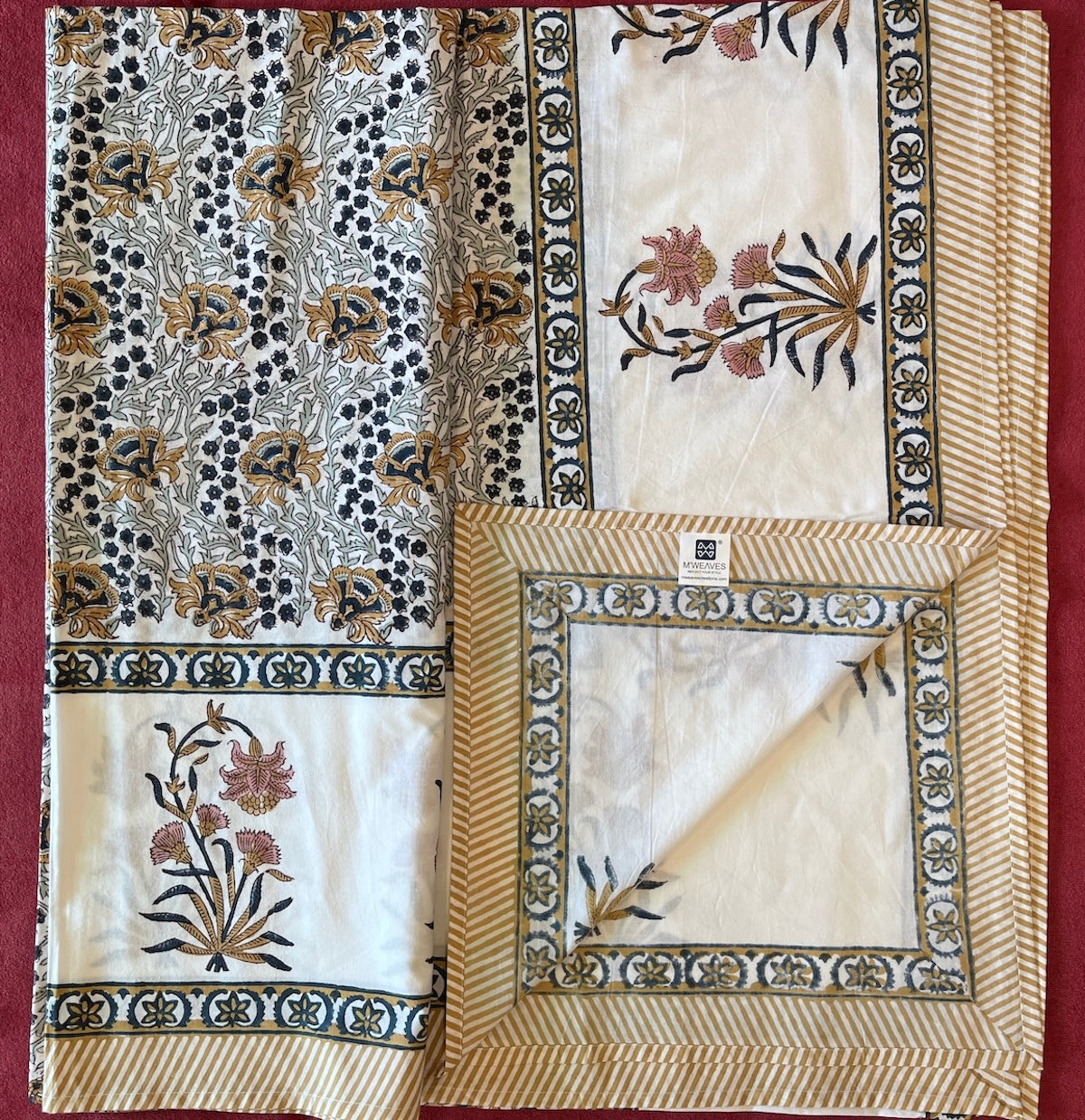 Hand Block Printed Velora Blue-Mustard Cotton Bedsheet King Size-90"x108"