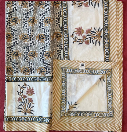 Hand Block Printed Velora Blue-Mustard Cotton Bedsheet King Size-90"x108"