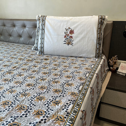 Hand Block Printed Velora Blue-Mustard Cotton Bedsheet King Size-90"x108"