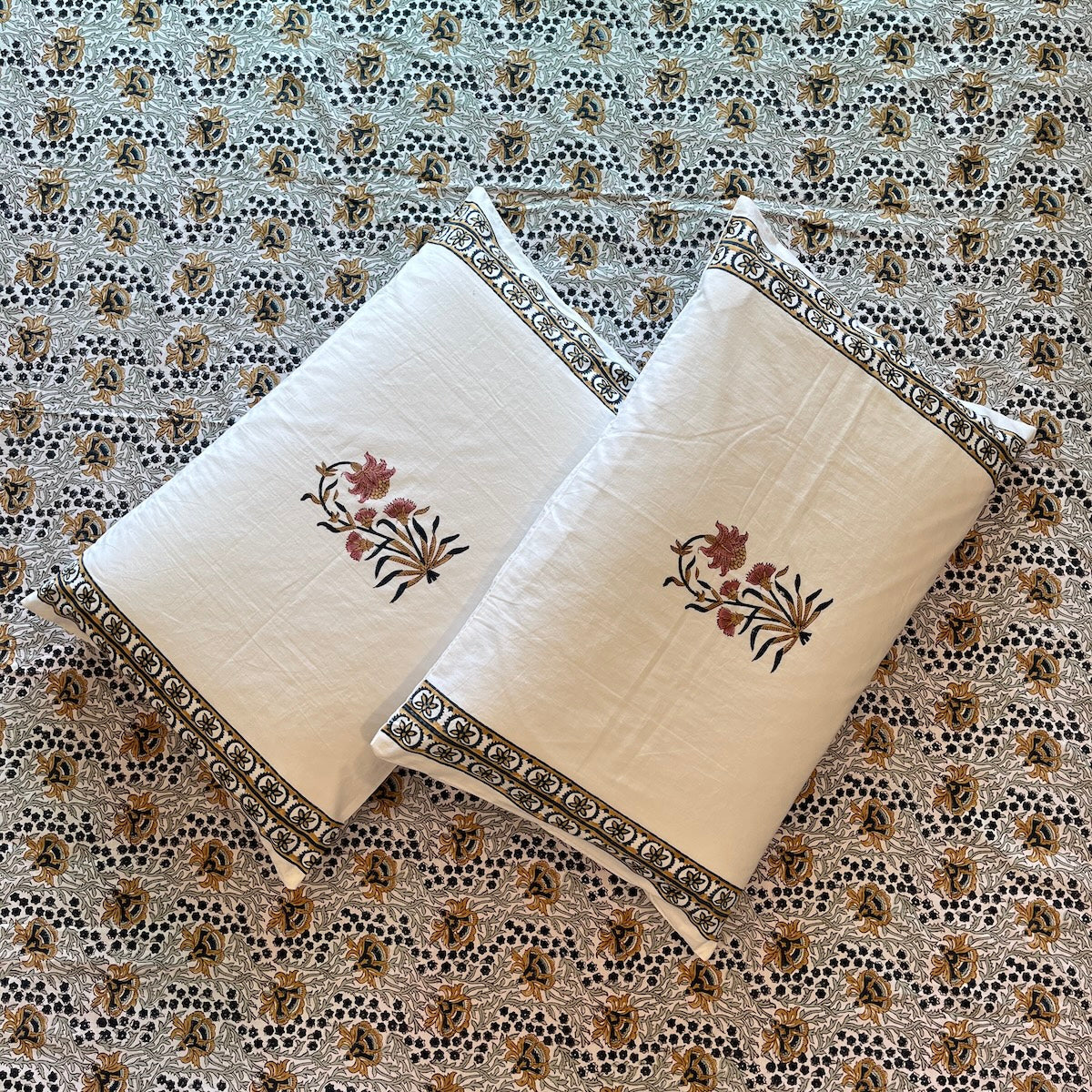 Hand Block Printed Velora Blue-Mustard Cotton Bedsheet King Size-90"x108"