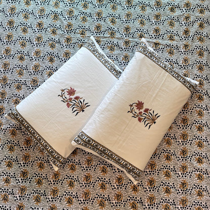 Hand Block Printed Velora Blue-Mustard Cotton Bedsheet King Size-90"x108"