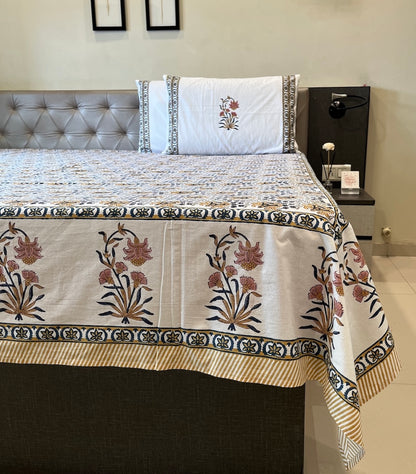 Hand Block Printed Velora Blue-Mustard Cotton Bedsheet King Size-90"x108"