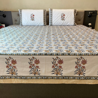 Hand Block Printed Velora Blue-Mustard Cotton Bedsheet King Size-90"x108"