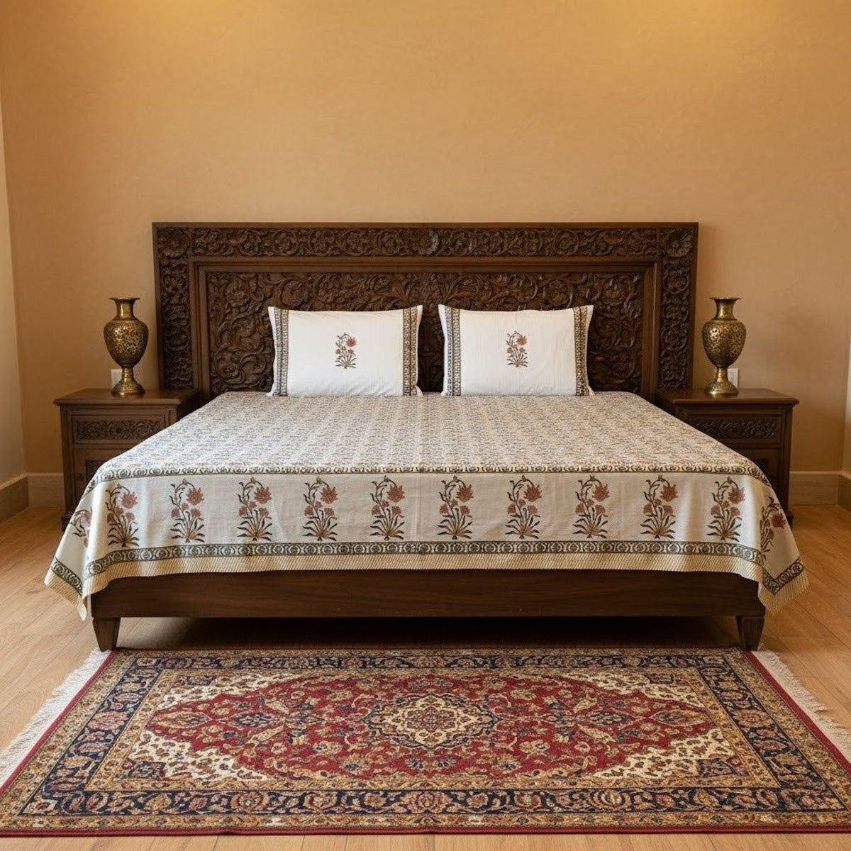 Hand Block Printed Velora Blue-Mustard Cotton Bedsheet King Size-90"x108"