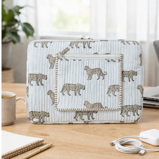 Wild Roar  Block Print Quilted  Cotton Laptop Sleeve with Front Pocket White 10"x15"