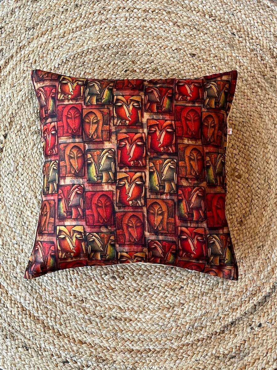 Classy Face Design Printed Khadi Silk Multicolour Cushion Cover - 16''x16'' Size