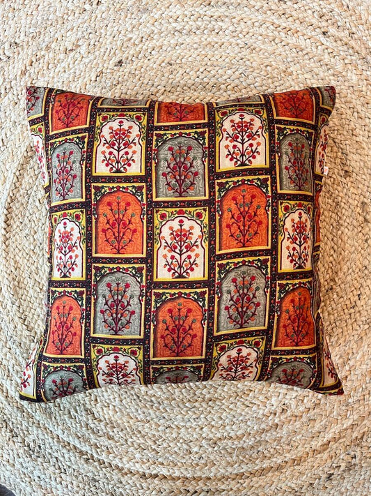 Classy Mughal Floral Design Printed Khadi Silk Cushion Cover - 16''x16" Size