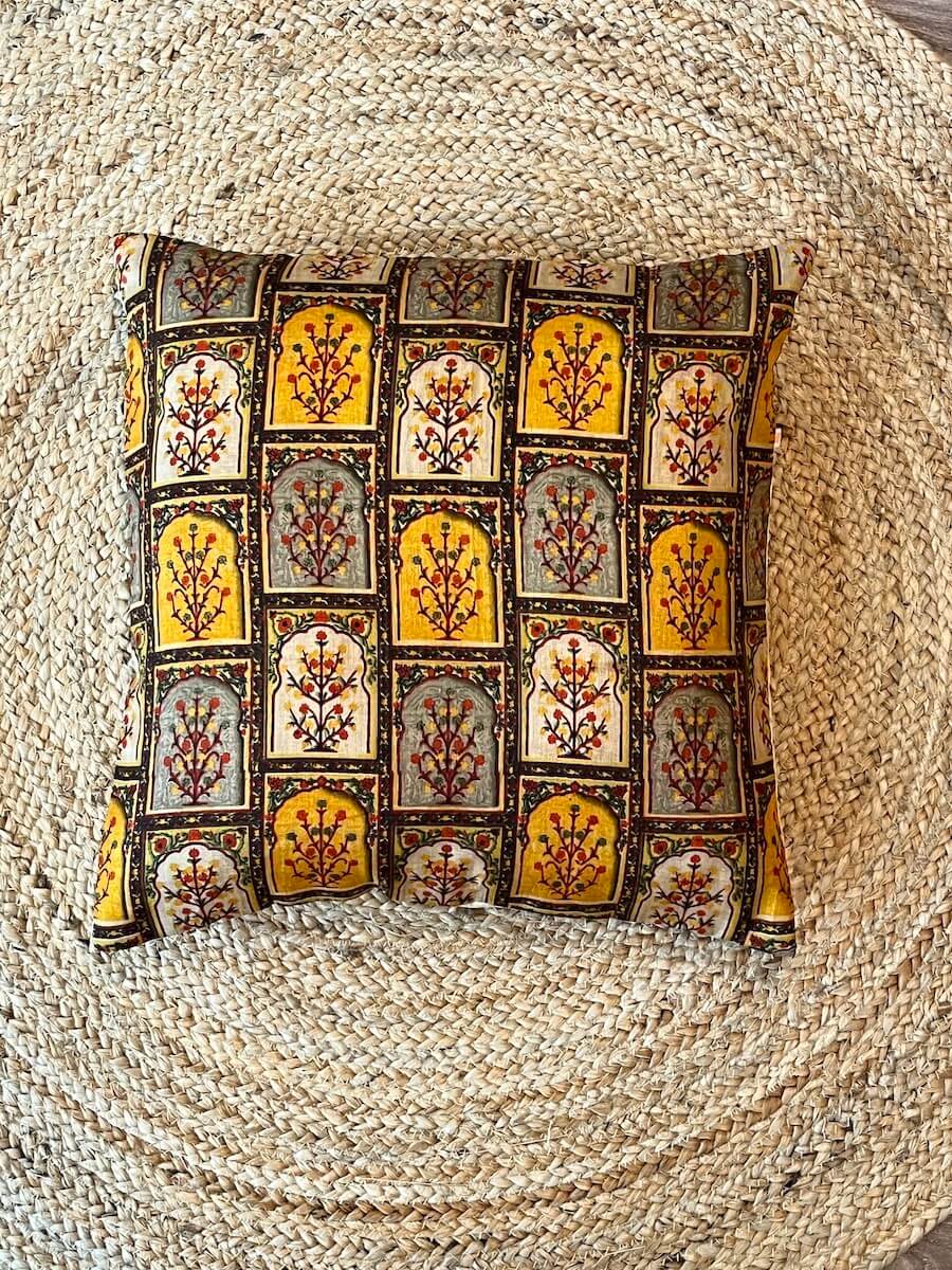 Classy Mughal Floral Design Printed Khadi Silk Cushion Cover - 16''x16" Size