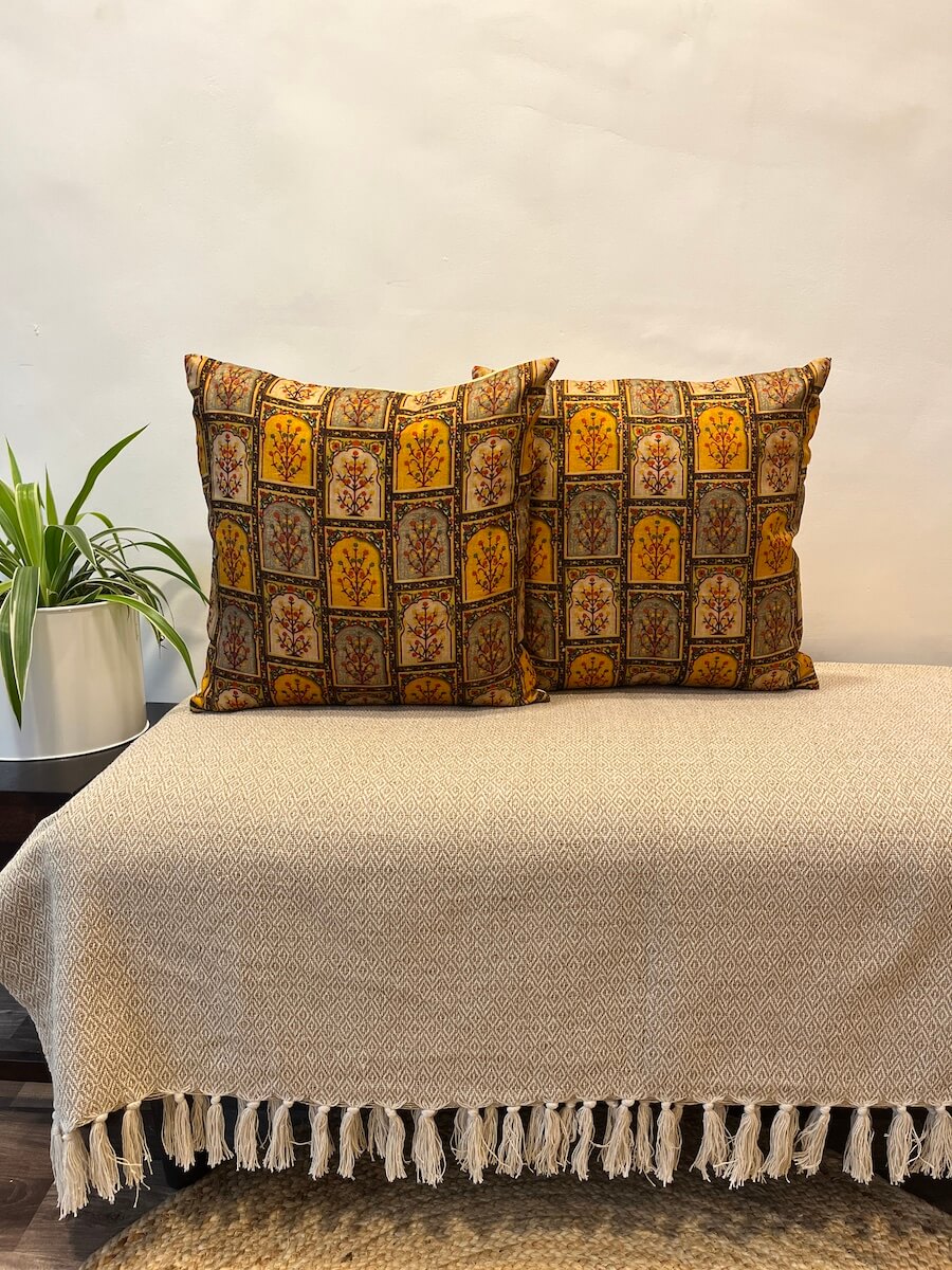 Classy Mughal Floral Design Printed Khadi Silk Cushion Cover - 16''x16" Size