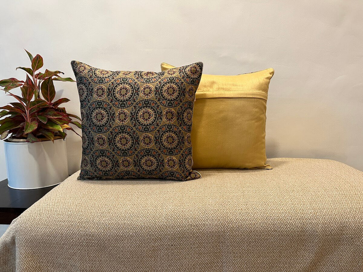 Classy Monochrome Geometrical Design Printed Khadi Silk Multicolour Cushion Cover - 16''x16'' Size