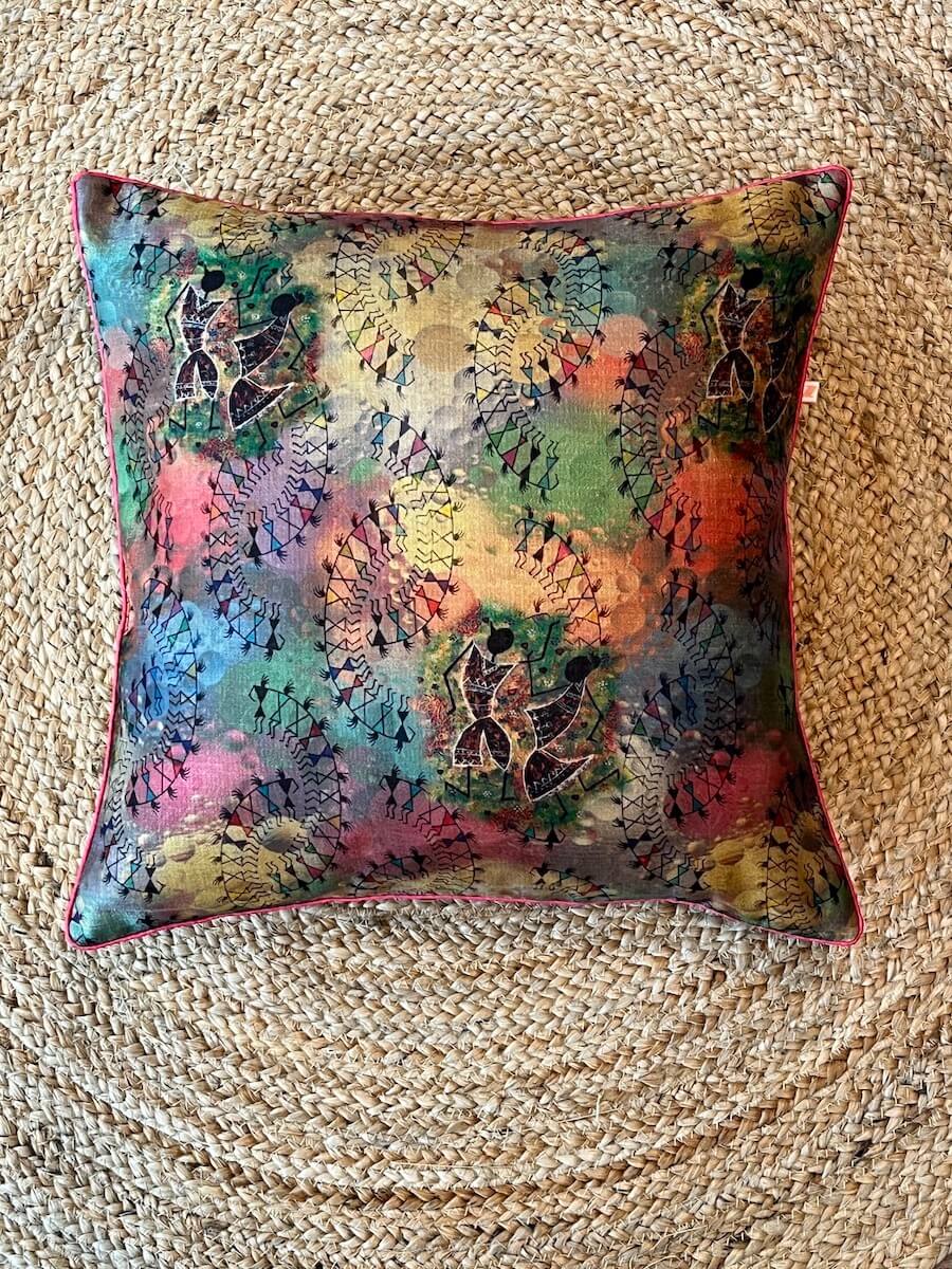 Classy Warli Design Printed Khadi Silk Multicolour Cushion Cover Size 16''x16''