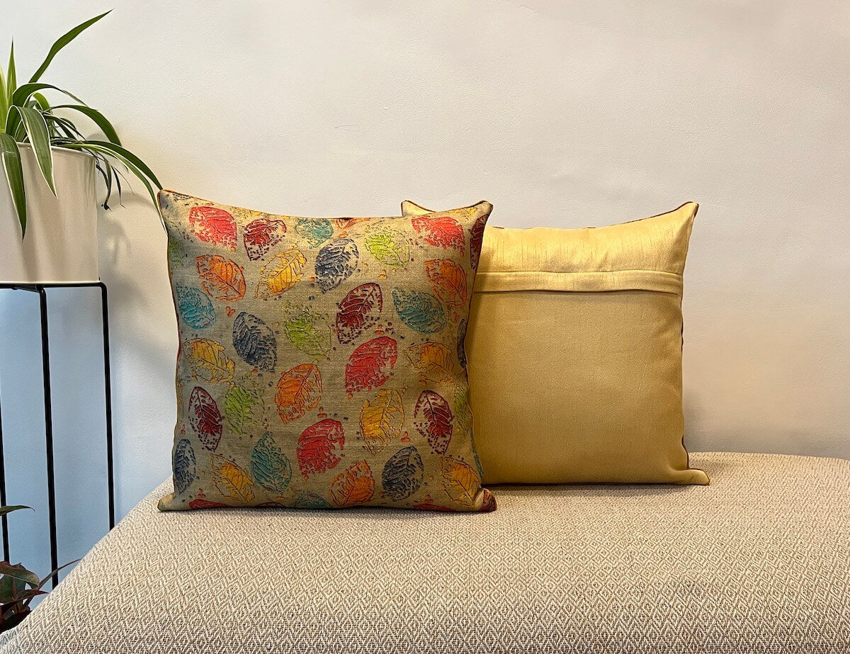 Classy Leaf Design Printed Khadi Silk Multicolour Cushion Cover - 16''x16'' Size