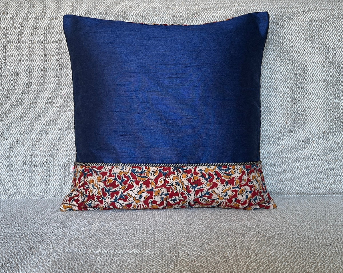 Kalamkari Maroon Print Mix N Match Royal Blue Dupion Silk Cushion Cover Size 16''x16"