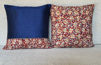 Kalamkari Maroon Print Mix N Match Royal Blue Dupion Silk Cushion Cover Size 16''x16"