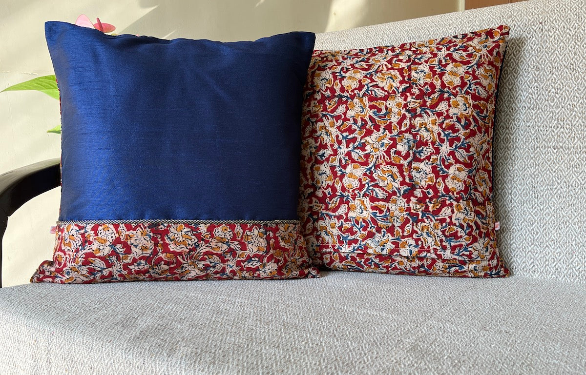 Kalamkari Maroon Print Mix N Match Royal Blue Dupion Silk Cushion Cover Size 16''x16"