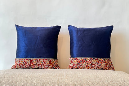 Kalamkari Maroon Print Mix N Match Royal Blue Dupion Silk Cushion Cover Size 16''x16"