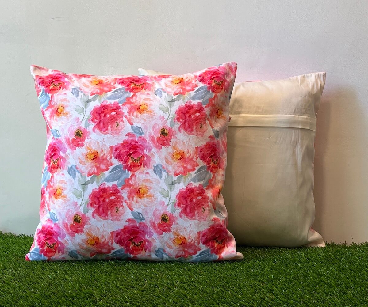 Elegant White & Rose Pink Floral Pattern Printed Cushion Cover - 16''x16'' Size