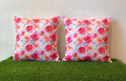 Elegant White & Rose Pink Floral Pattern Printed Cushion Cover - 16''x16'' Size