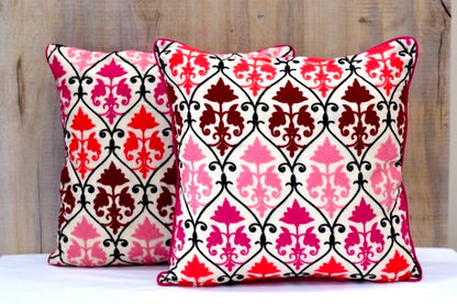 Floral Embroidered Fine Cotton Pink Color Cushion Cover  Size 16''x16"