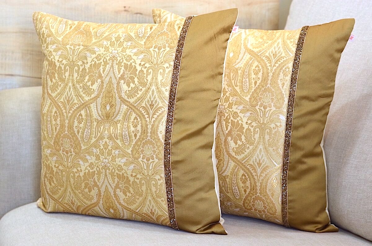 Luxurious Cream & Golden Brocade Decorative Self Design Cushion Cover - 16"x16" Size