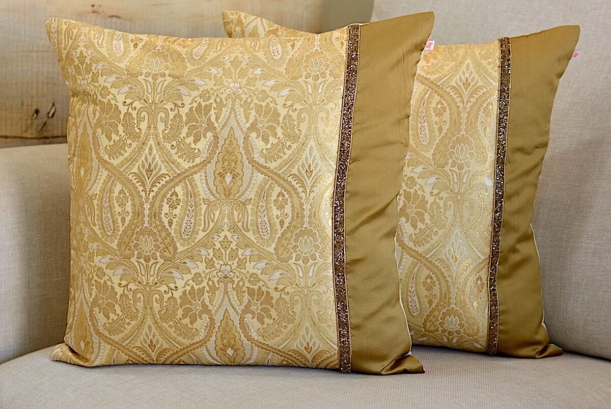 Luxurious Cream & Golden Brocade Decorative Self Design Cushion Cover - 16"x16" Size